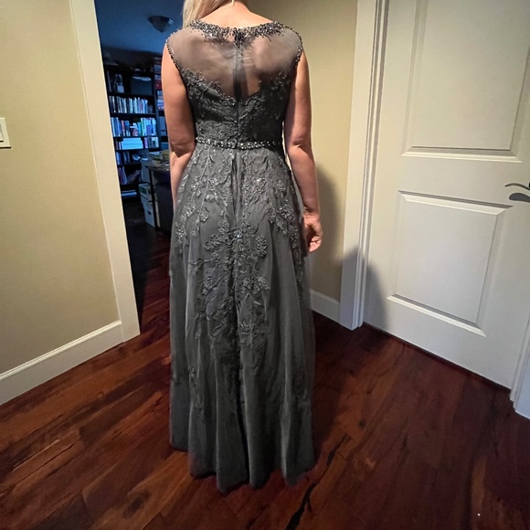 A Line Scoop Illusion Floor Length Lace Tulle Evening Dress with Beading Sequins - Picture 3 of 6